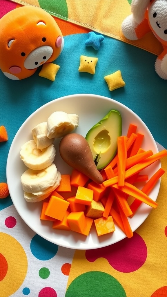 Nutritious baby snacks including mashed bananas, avocado, sweet potato, and carrot sticks on a colorful plate.
